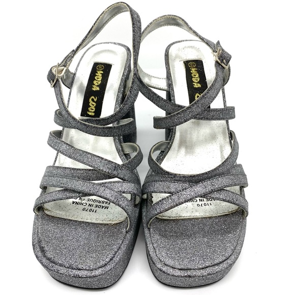 Vintage Y2K Glitter Strappy Block Heel Platform Shoes - Picture 3 of 7